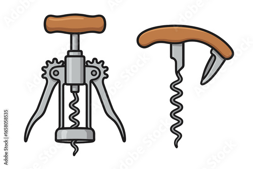 Vintage and modern corkscrews with wooden handles demonstrating classic and contemporary designs for effortless wine bottle opening. Vector cartoon illustration, isolated, transparent background.