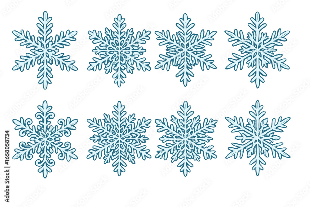 Intricate vector snowflake designs, unique winter crystal patterns, decorative cartoon illustration set for seasonal crafts, holiday decor, isolated transparent background, icy geometric shapes Intricate vector snowflake designs, unique winter crystal patterns, decorative cartoon illustration set for seasonal crafts, holiday decor, isolated transparent background, icy geometric shapes
