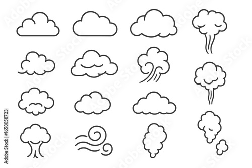 Diverse cloud and smoke icons collection. Simple line art style set for weather forecast, air pollution, wind, steam, fog, vapor, digital graphic resources, cartoon vector illustration.