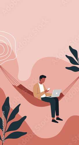 Person working remotely in a hammock, using laptop and phone. Represents flexible lifestyle, digital nomadism, and leisure.