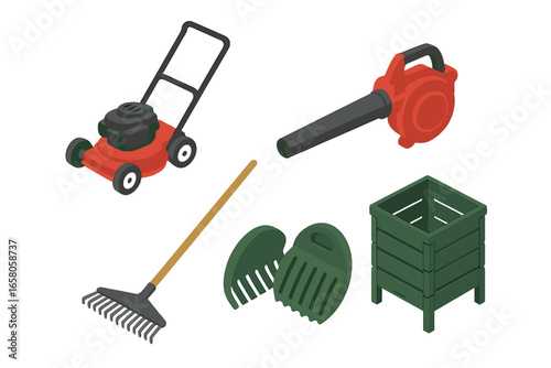 Isometric vector icon set of yard cleanup equipment, lawn mower, leaf blower, garden rake, leaf scoops, compost bin. Backyard garden tools, landscaping, waste removal for autumn and spring cleanup
