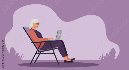 Senior woman comfortably using laptop outdoors, embodying remote work and digital literacy for modern living. Ideal for lifestyle and technology concepts.