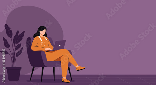 Woman working comfortably on a laptop in an armchair at home, ideal for remote work, online learning, or digital lifestyle.