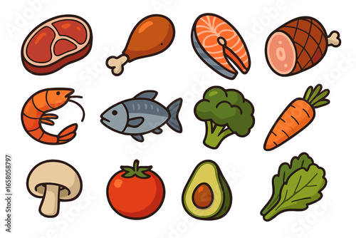 Healthy food vector icons set with meat, fish, seafood, vegetables, and fruits. Cartoon illustration for nutrition, diet, menu, restaurant, grocery, market, culinary, health, cooking concepts