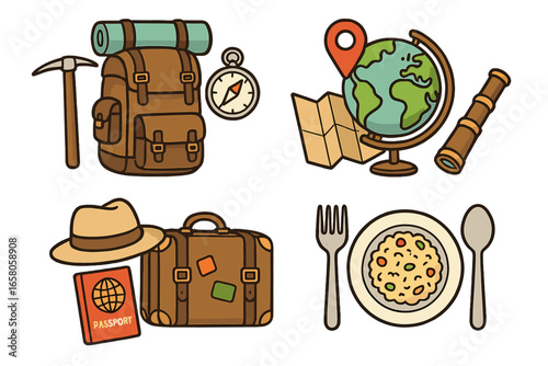 Travel icon set representing adventure, exploration, and culinary experiences. Vector cartoon symbols for tourism and vacation. Backpack, globe, map, passport, suitcase and food.