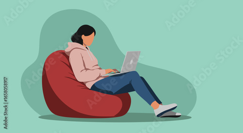 Casual remote worker comfortably uses laptop on a bean bag chair, depicting flexible work, online learning, or digital lifestyle. Ideal for business, education, or freelance themes.