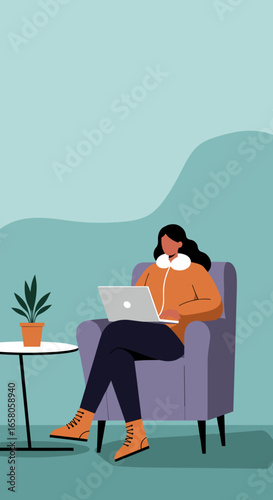 Woman comfortably working on her laptop from home in an armchair. Depicts modern remote work, digital lifestyle, and flexibility.