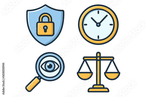 Security Protection Symbol, Time Management Clock, Oversight Magnifying Eye, Law and Justice Balance. Business Concept Icons. Vector Illustration, Transparent Background, Cartoon Design Elements