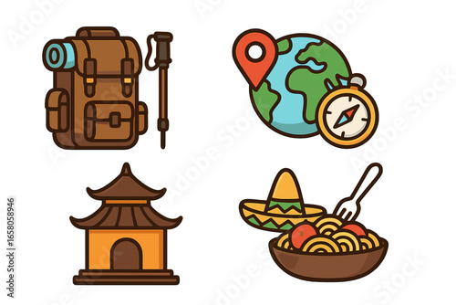 Travel icon set for world adventure, cultural tourism and food. Vector collection with backpack for hiking, compass for exploration, Asian pagoda landmark and international cuisine.