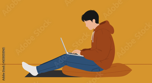 Young person sits comfortably on the floor using a laptop, representing remote work, online learning, or digital communication and casual lifestyle.