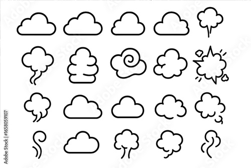 Cloud and smoke line icon set. Steam, fog, and vapor symbols. Cartoon comic puff, explosion, and weather shapes. Simple minimal outline vector graphic elements collection.