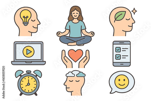 Mindfulness mental wellness vector illustration set. Meditation, self-care, emotional intelligence, healthy mind, digital tools, positive thinking, checklist, clarity, relaxation, wellbeing icons.