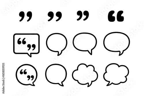 Diverse styles of black quotation marks and speech bubbles, vector cartoon illustration on transparent white background, set of ordered punctuation symbols and communication icons