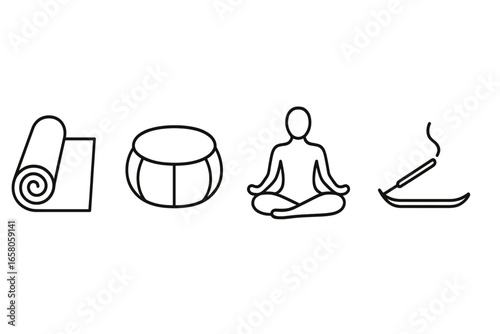 Yoga retreat essentials outline icon set. Vector illustration of yoga mat, meditation cushion, lotus pose silhouette, incense stick. Calm, mindfulness, wellness, meditation, spirituality symbols.