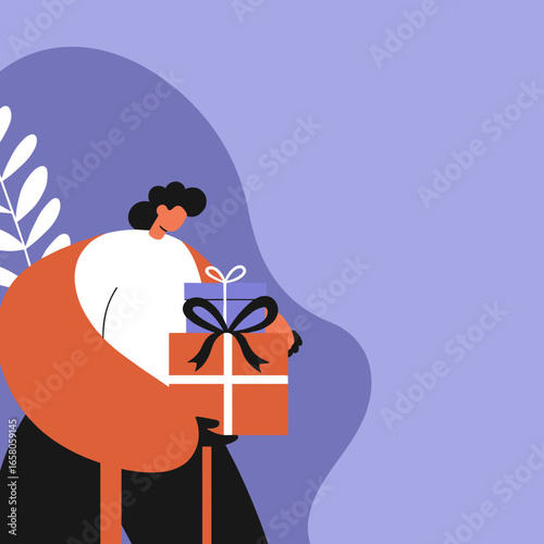 Illustration of a person happily holding a stack of festive gift boxes, ideal for holiday promotions, special occasion greetings, and celebratory themes.