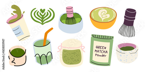 Matcha green tea sticker set in cartoon groovy style. Trendy organic delicious beverage. Matcha latte, whisk, kettle, powder, leaves. Bright matcha lovers retro icons collection