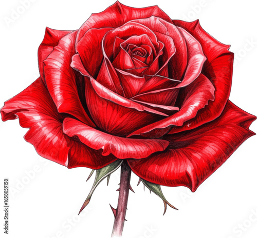 Scarlet Rose Colored Pencil Drawing, print design vector