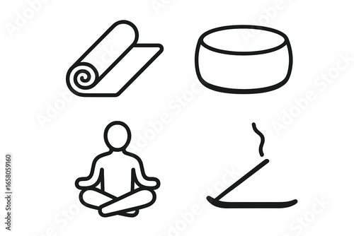 Outline Yoga Retreat Icons Set Featuring Yoga Mat, Meditation Cushion, Lotus Pose Silhouette, Incense Stick, Spiritual Wellness and Relaxation Elements Vector Illustration Transparent Background