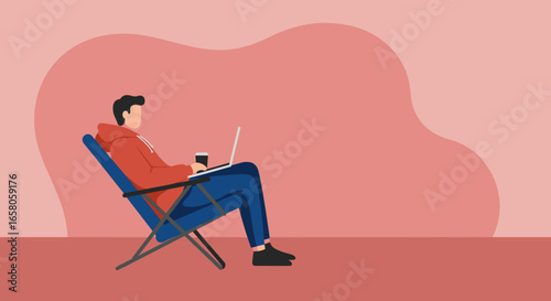 Relaxed man working remotely from a lounge chair with a laptop and coffee, embodying modern work-life balance and productivity.
