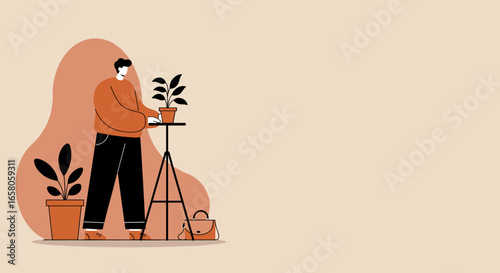 Person caring for indoor plants, illustrating a relaxing home hobby or green living. Ideal for lifestyle, wellness, or environmental concepts.