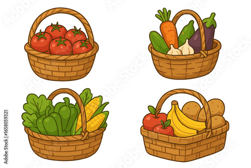 Collection of wicker baskets filled with assorted fresh vegetables, fruits, and produce. Isolated vector cartoon illustration set. Healthy farm harvest. Organic food concept. White background.