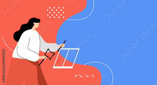 Modern flat design illustration of a woman engaged in digital creation, user interface development, or analytical work. Ideal for business concepts.