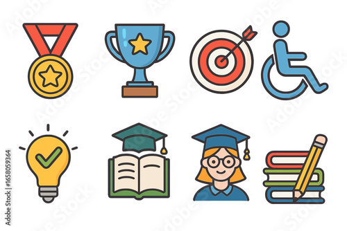 Vector icon set of education, achievement, and accessibility. Graduation, trophy, target, and disability symbols. Concept for learning, goals, success, and inclusion. Line art.