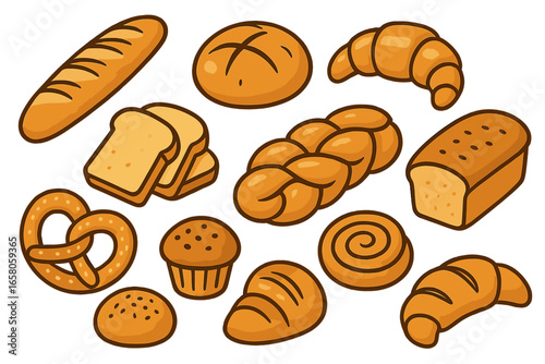 Various types of bread and pastries vector illustration, cartoon style bakery assortment with baguette, croissant, rolls, and sweet baked goods for culinary inspiration and design