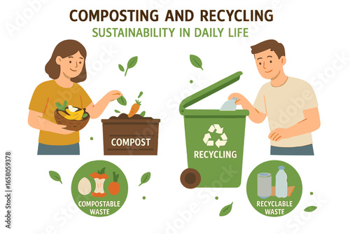 Visual guide on composting and recycling practices to promote sustainability in daily life, eco-friendly waste management tips, green living cartoon vector set, transparent background