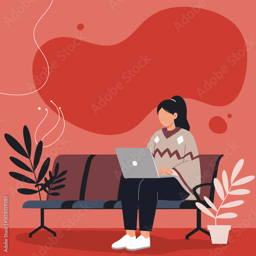 Focused young woman working on her laptop while seated comfortably on a bench, illustrating remote work, productivity, and modern lifestyle.