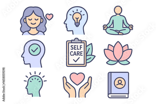 Mental health icon set. Self care, mindfulness, meditation, positive thinking concepts. Psychology, emotional health, wellness, and self love vector illustrations. Line icons.