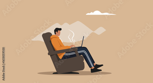 Man working on laptop in a comfortable chair, depicting remote work, flexible lifestyle, and digital productivity. Perfect for business, travel, or leisure.