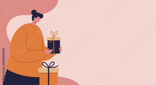 Person holding and standing with elegant gift boxes on a pastel background. Perfect for holiday sales, celebrations, or special occasion promotions.