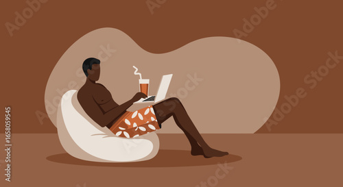 Relaxed man on a bean bag chair works remotely on his laptop, enjoying a refreshing drink. Depicts modern work-life balance, digital nomad lifestyle, and summer vacation.