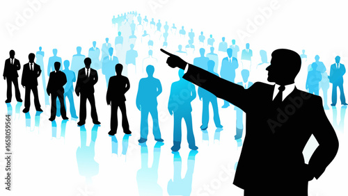 Silhouette of a leader pointing forward with a crowd of people in the background in black and blue