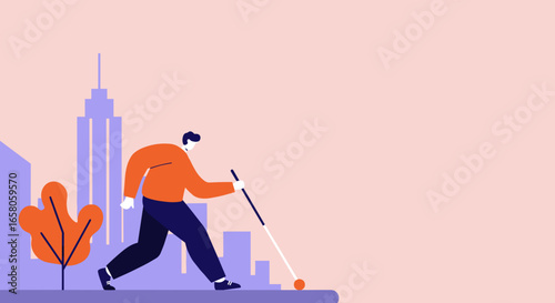Visually impaired person confidently navigating a modern city street with a white cane, emphasizing independence, accessibility, and urban inclusion.