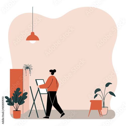 Person engaged in a creative hobby, drawing or painting on an easel in a modern, plant-filled home studio. Represents art, learning, and relaxation.