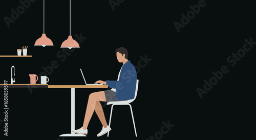 Person working remotely on a laptop in a modern home kitchen, illustrating contemporary lifestyle, productivity, and online learning.