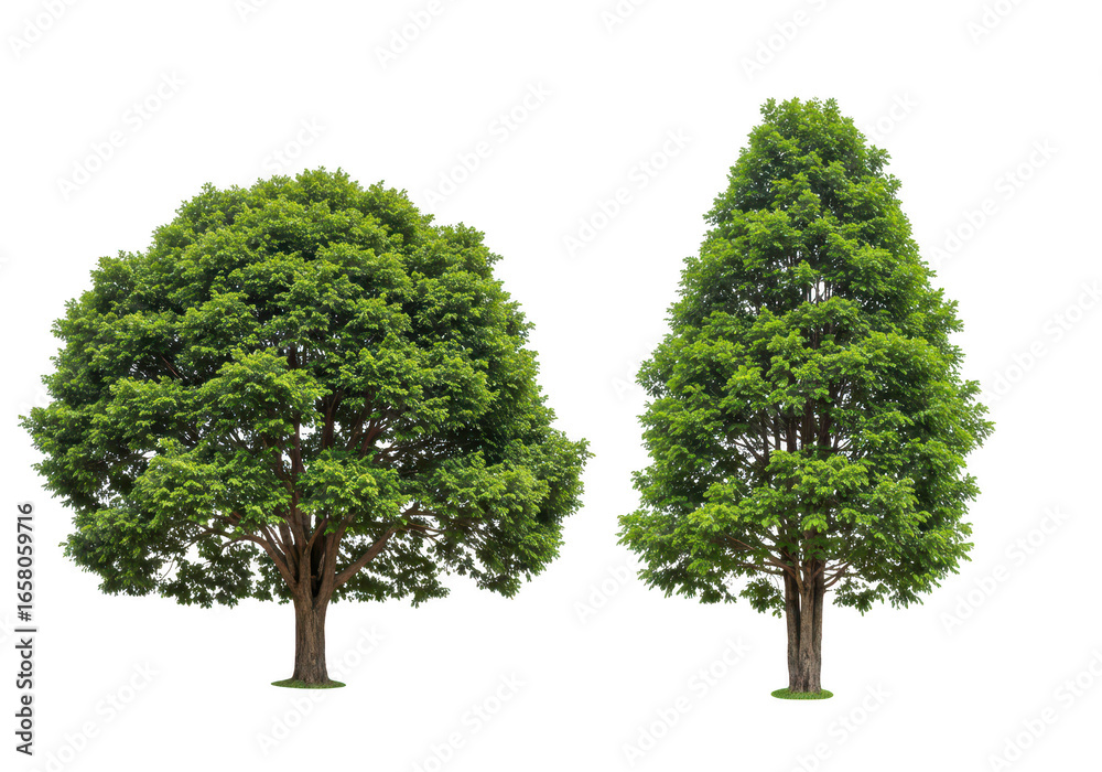 Fototapeta premium Two green trees isolated on transparent background, showcasing their lush foliage and sturdy trunks, representing natures beauty and growth