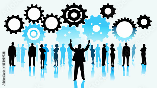 Silhouetted business team with leader raising arms under gears representing teamwork and collaboration success
