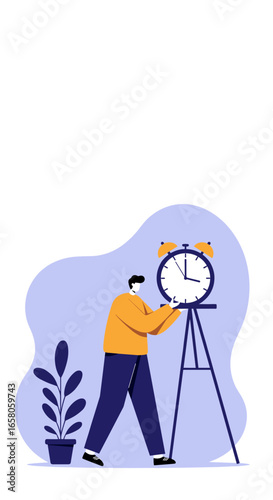 Person setting a large alarm clock, symbolizing efficient time management, punctuality, and productivity. Ideal for business, work, or daily routine concepts.