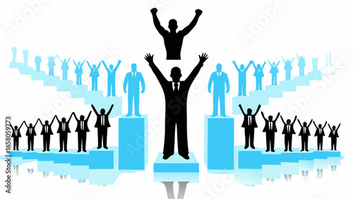Silhouetted figures on platforms and stairs with arms raised in a celebration of success and achievement