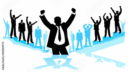 Silhouette of a businessman with arms raised surrounded by colleagues in blue and black on a stairway to success