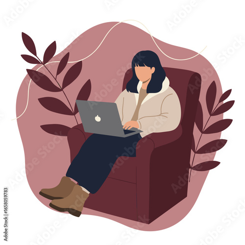 Woman comfortably working from home on her laptop in a cozy armchair. Represents remote work, online learning, and digital nomad lifestyle.