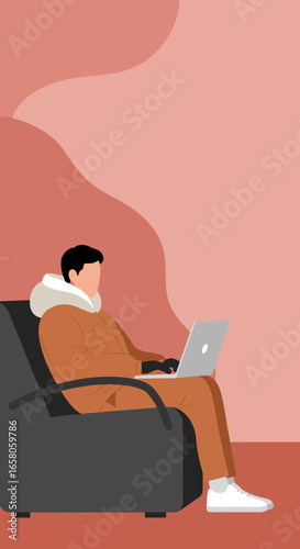 Stylish person in a warm jacket works on a laptop while relaxing in a chair. Ideal for concepts of remote work, digital lifestyle, or online learning.
