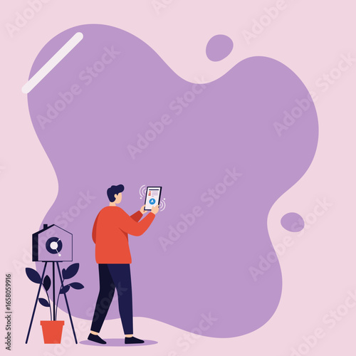 Person using digital tablet to control smart home system, symbolizing modern property management, security, and connectivity.