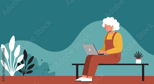 Elderly woman with white curly hair sitting on a bench, focused on her laptop. Represents modern seniors, remote work, education, and digital literacy.