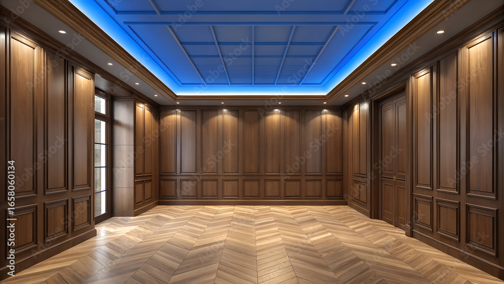Obraz premium An empty room with wood paneling walls and herringbone flooring with blue led ceiling lighting