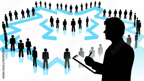 Silhouette of a man with clipboard overseeing a group of people connected by a blue zigzag path