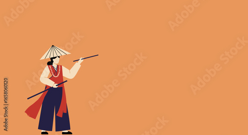 An illustration of a person in traditional Asian attire with a conical hat, holding sticks, representing cultural performance, dance, or heritage. Ideal for travel or cultural themes.